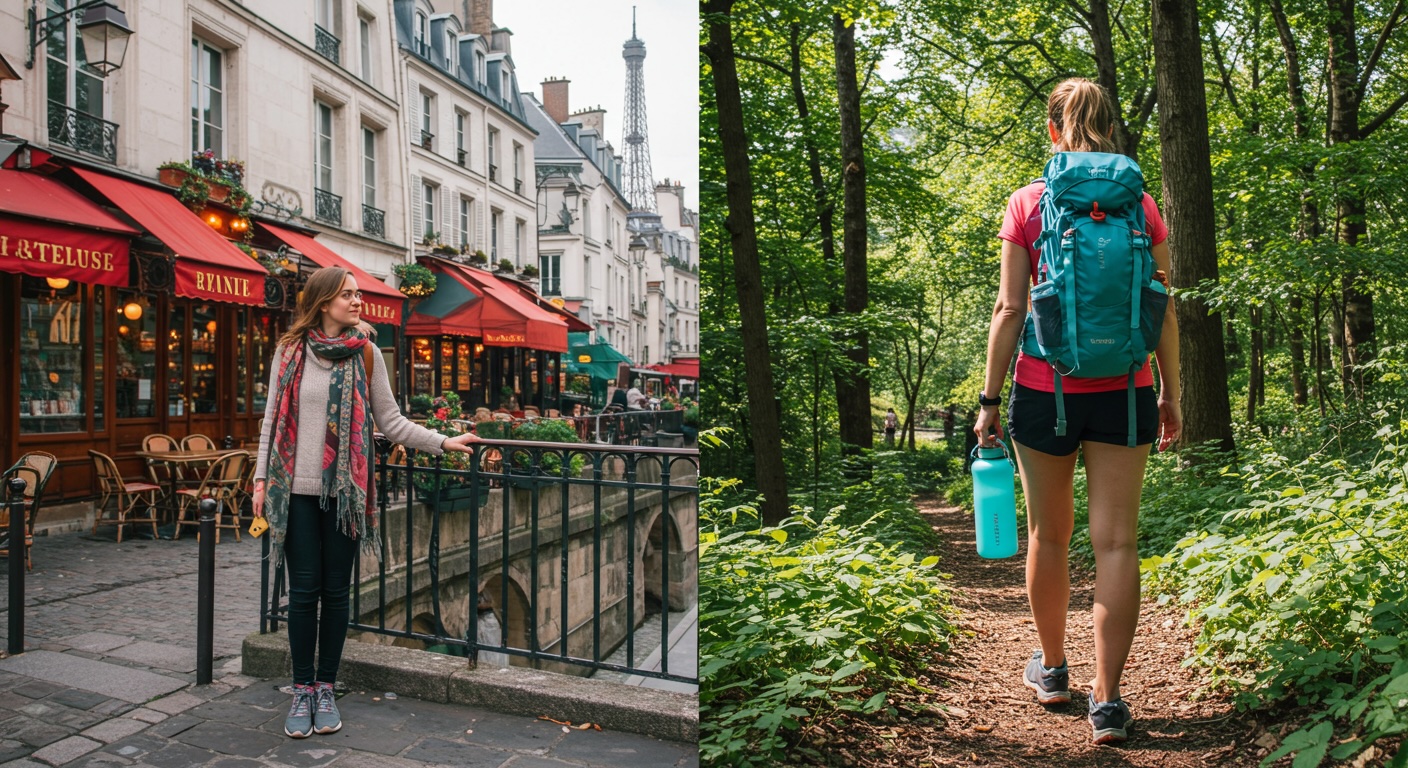 A solo traveler with a backpack gazing at a European cityscape, ready for adventure.
